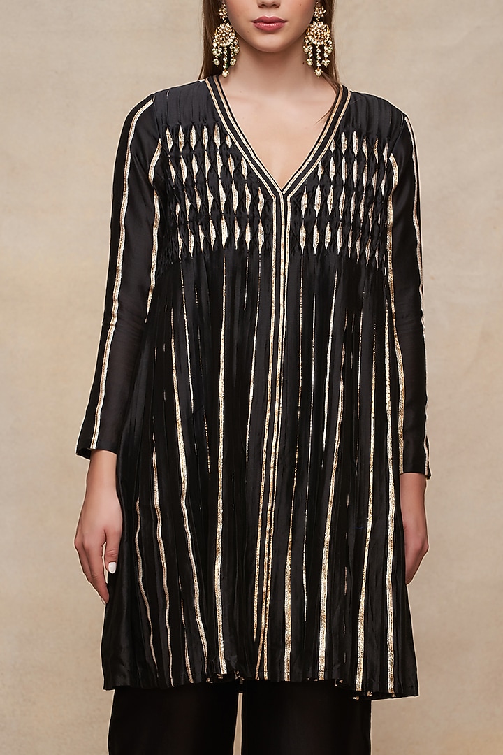 Black Chanderi Gota Work Pleated Kurta by Gulabo By Abu Sandeep at Pernia's Pop Up Shop