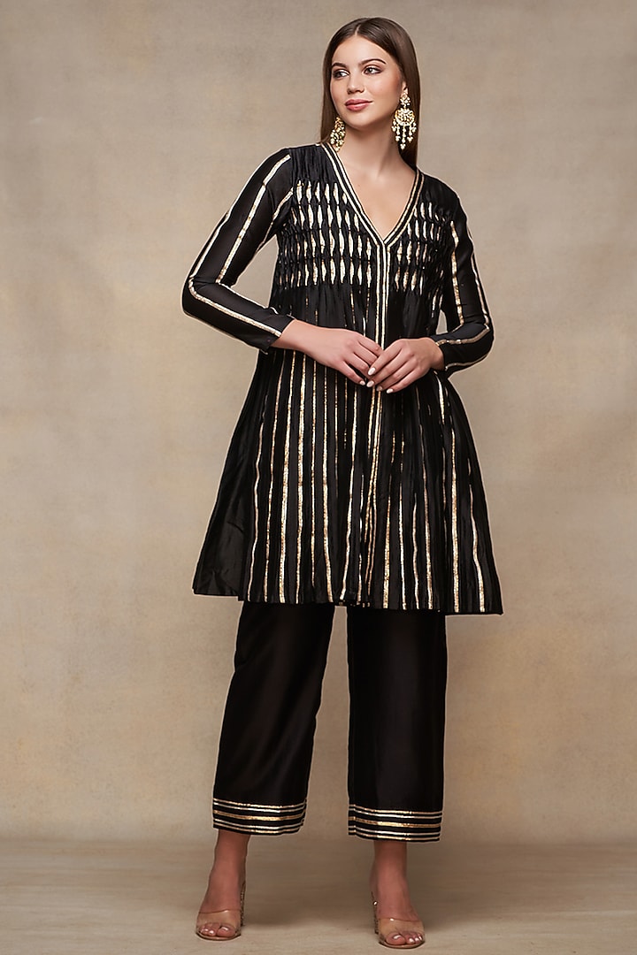 Black Chanderi Gota Work Pleated Kurta by Gulabo By Abu Sandeep at Pernia's Pop Up Shop