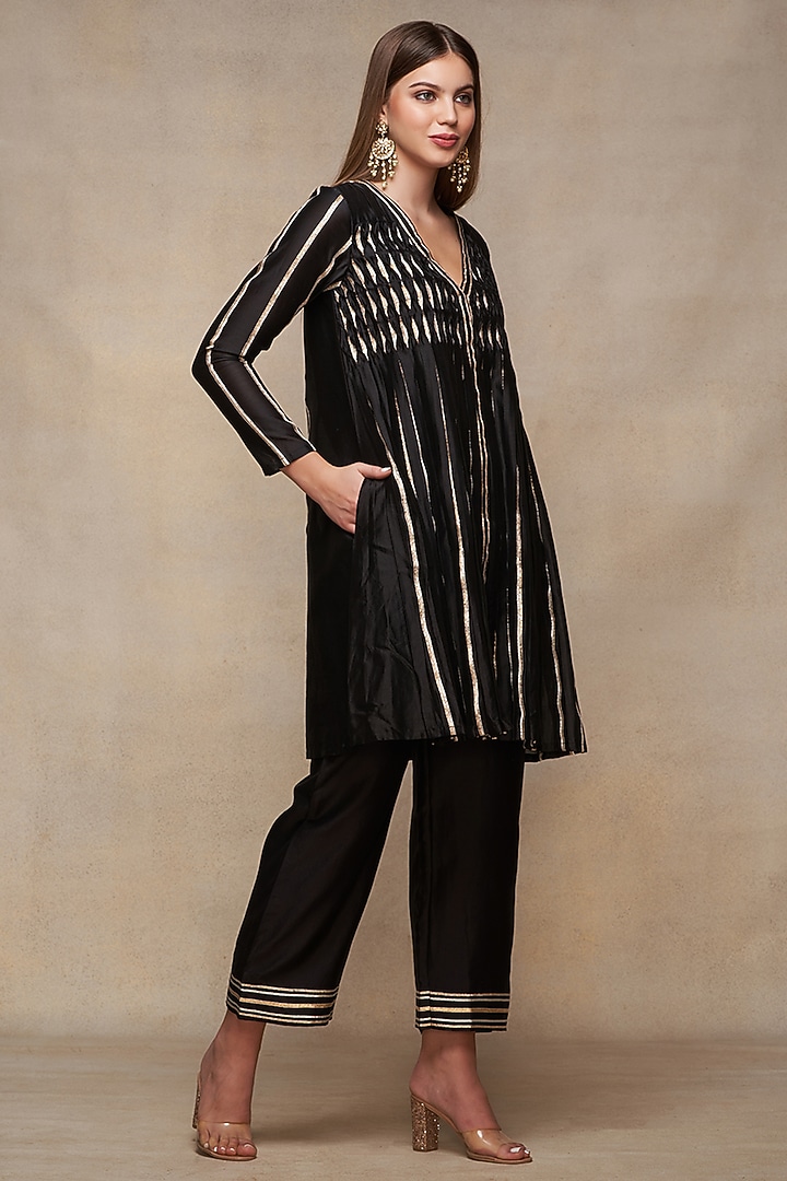 Black Chanderi Gota Work Pleated Kurta by Gulabo By Abu Sandeep at Pernia's Pop Up Shop