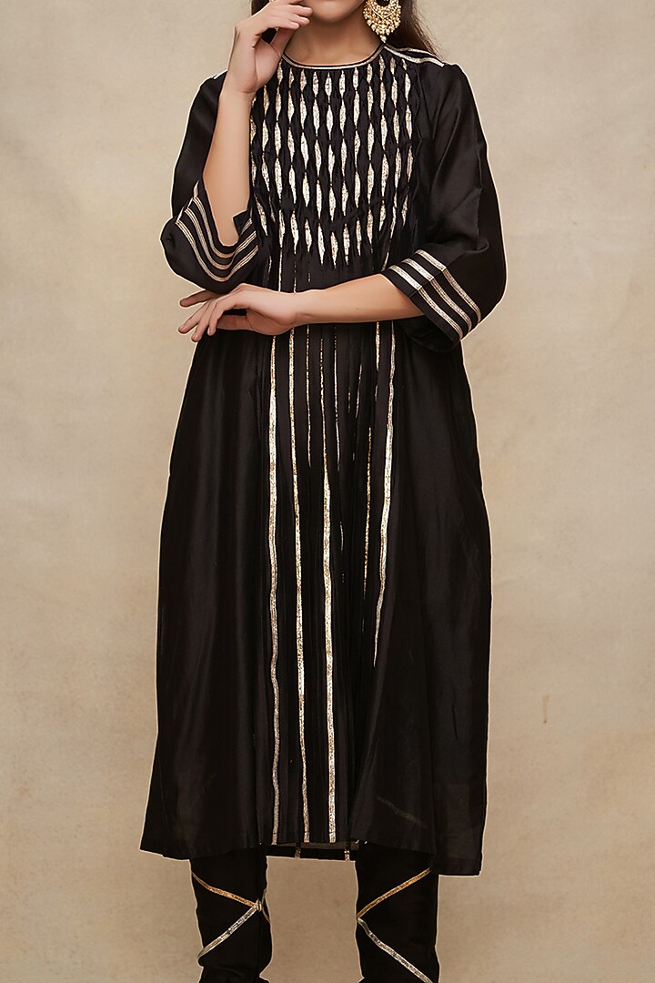 Black Chanderi Gota Work Pleated Kurta by Gulabo By Abu Sandeep at Pernia's Pop Up Shop