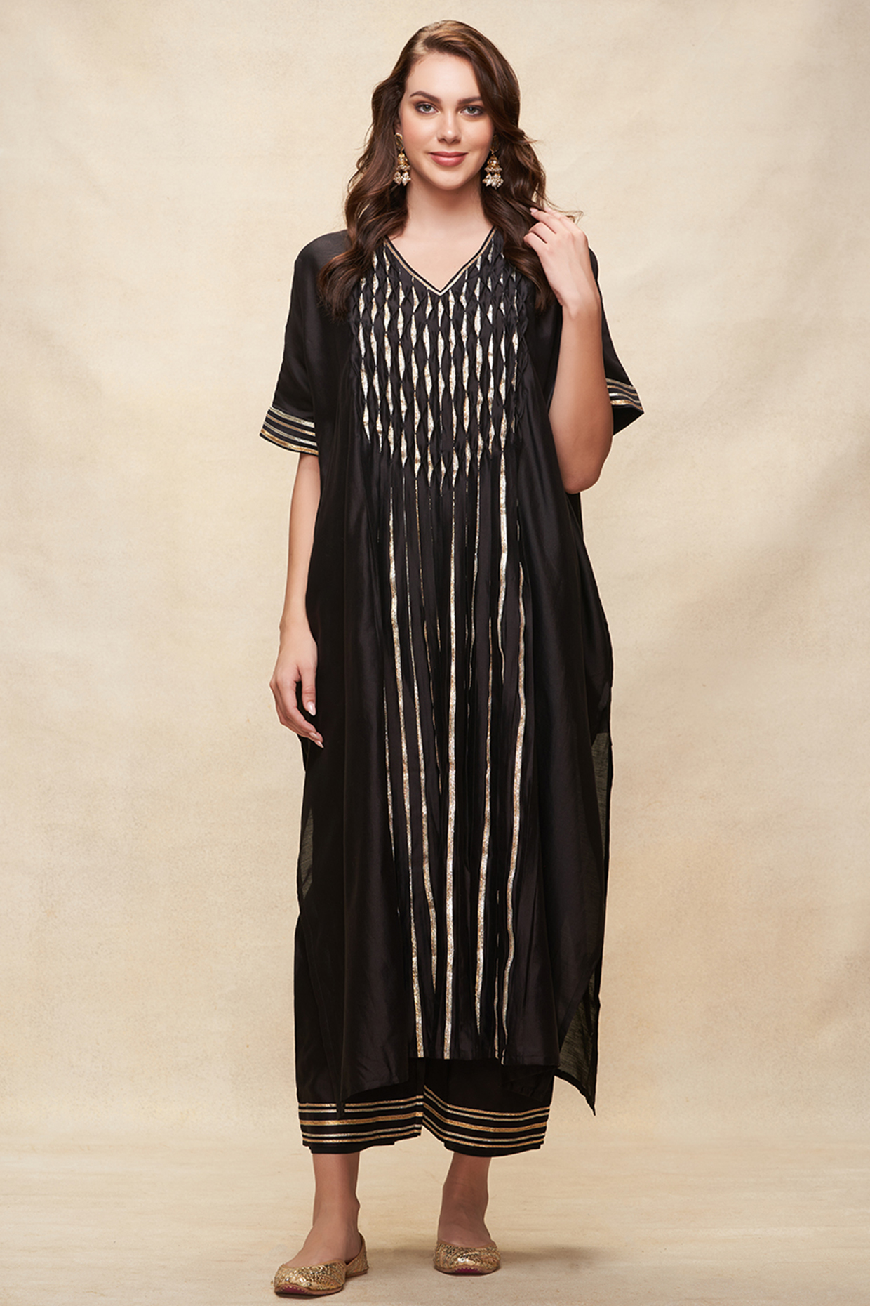 Black Chanderi Gota Work Pleated Kaftan by Gulabo By Abu Sandeep at Pernia's Pop Up Shop