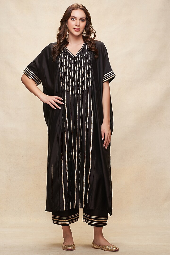 Black Chanderi Gota Work Pleated Kaftan by Gulabo By Abu Sandeep at Pernia's Pop Up Shop
