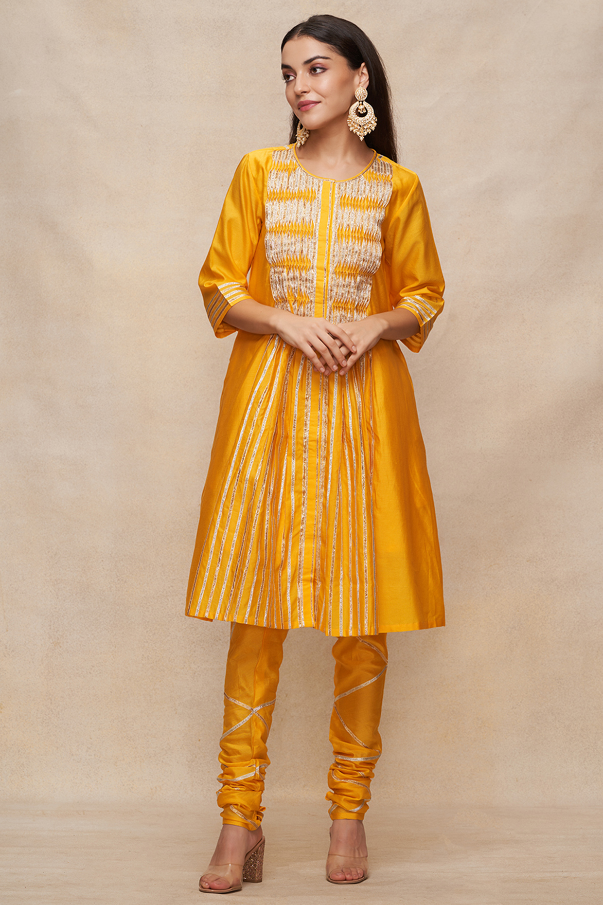 Mustard Chanderi Gota Work Gathered Tunic by Gulabo By Abu Sandeep at Pernia's Pop Up Shop