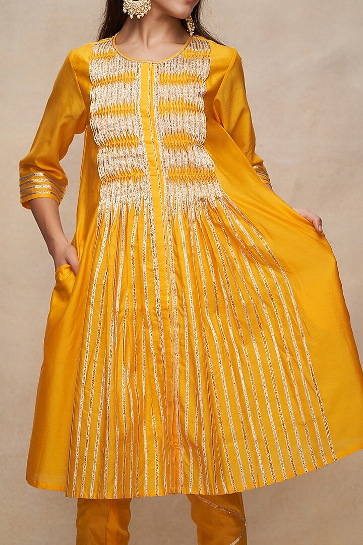 Mustard Chanderi Gota Work Gathered Tunic by Gulabo By Abu Sandeep at Pernia's Pop Up Shop