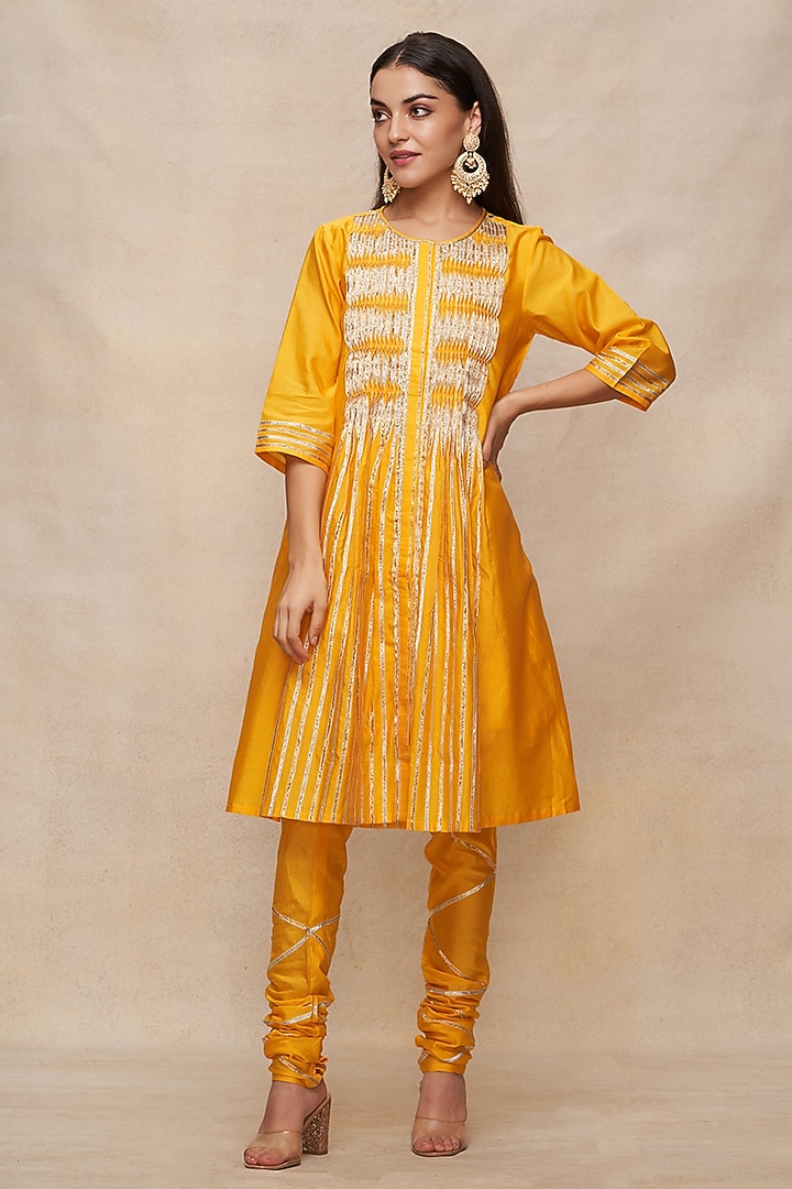 Mustard Chanderi Gota Work Gathered Tunic by Gulabo By Abu Sandeep at Pernia's Pop Up Shop