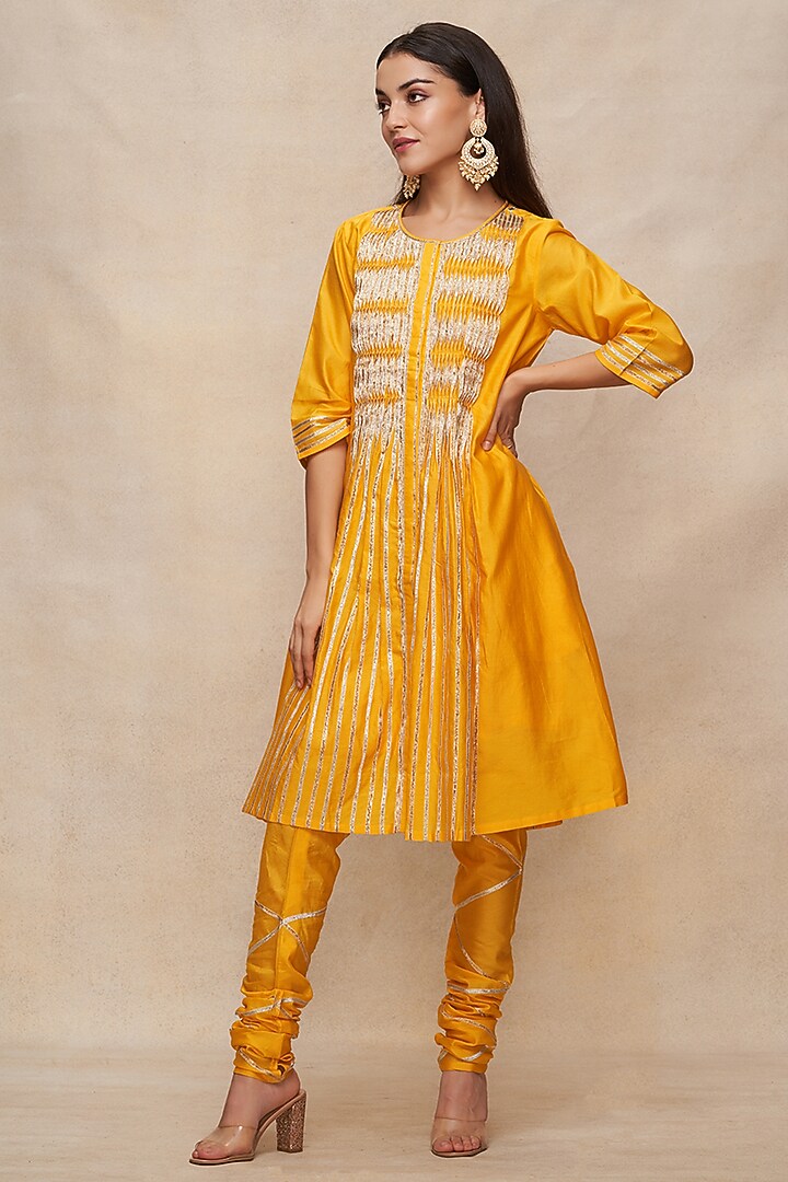 Mustard Chanderi Gota Work Gathered Tunic by Gulabo By Abu Sandeep at Pernia's Pop Up Shop