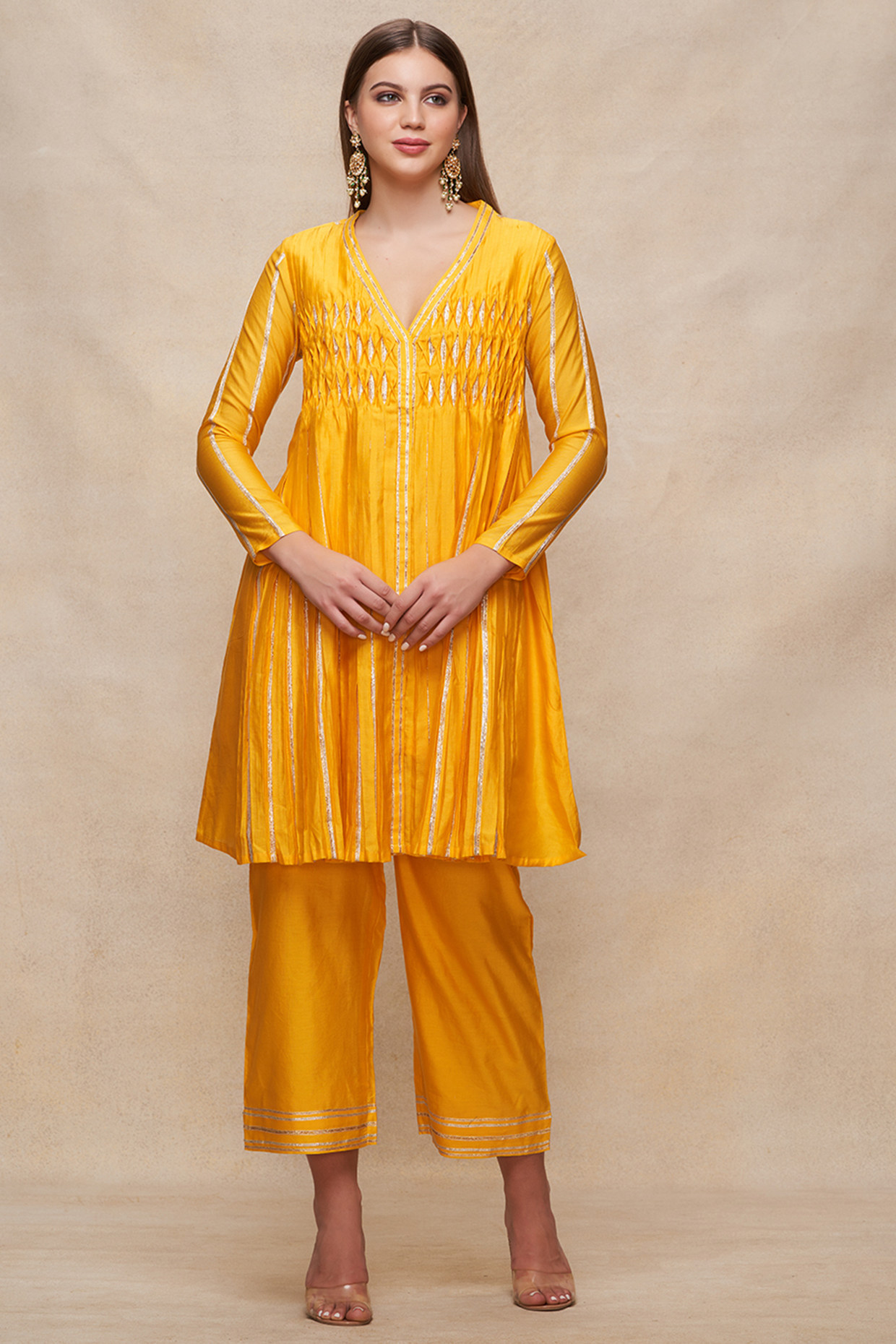 Mustard Chanderi Gota Work Pleated Kurta by Gulabo By Abu Sandeep at Pernia's Pop Up Shop