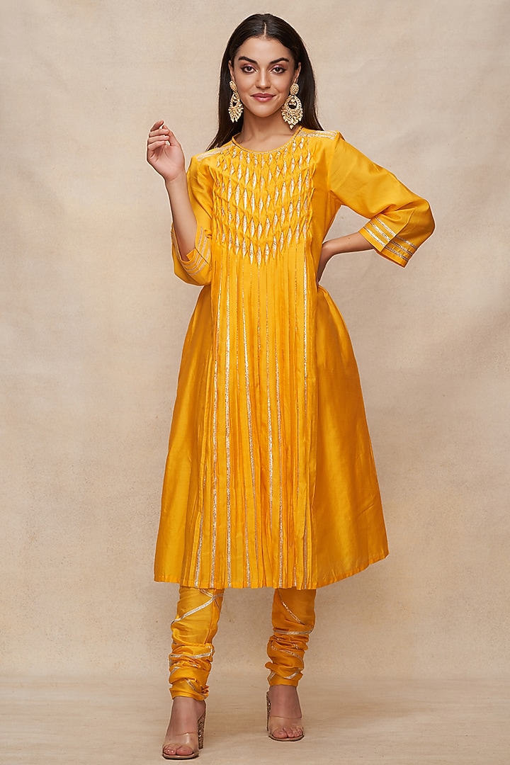 Mustard Chanderi Gota Work Pleated Kurta by Gulabo By Abu Sandeep at Pernia's Pop Up Shop