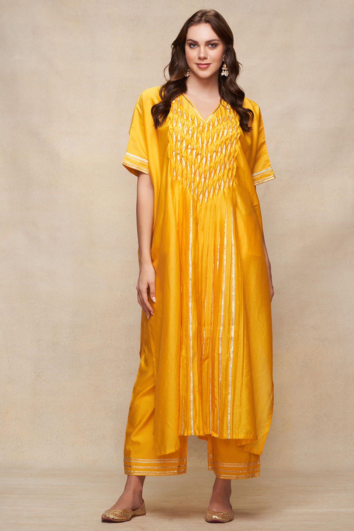 Mustard Chanderi Gota Work Pleated Kaftan by Gulabo By Abu Sandeep at Pernia's Pop Up Shop