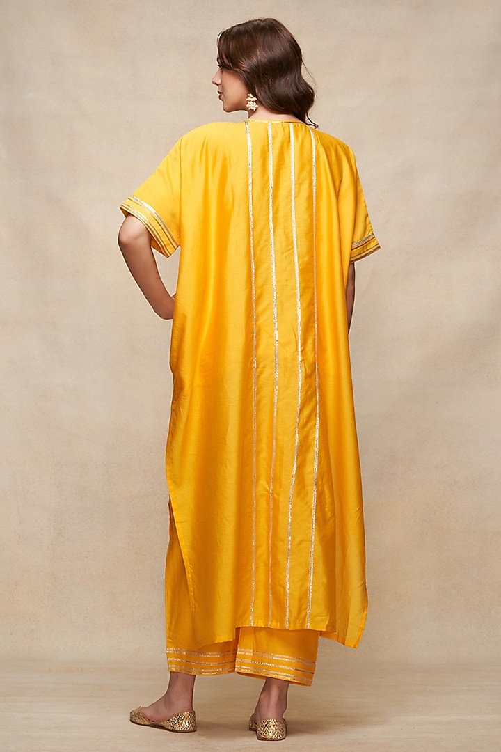Mustard Chanderi Gota Work Pleated Kaftan by Gulabo By Abu Sandeep at Pernia's Pop Up Shop