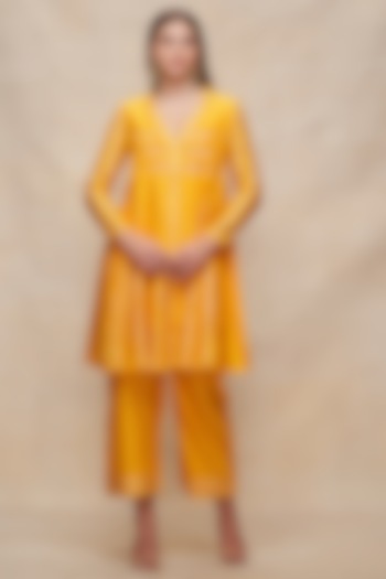 Mustard Chanderi Gota Embellished Straight Pants by Gulabo By Abu Sandeep