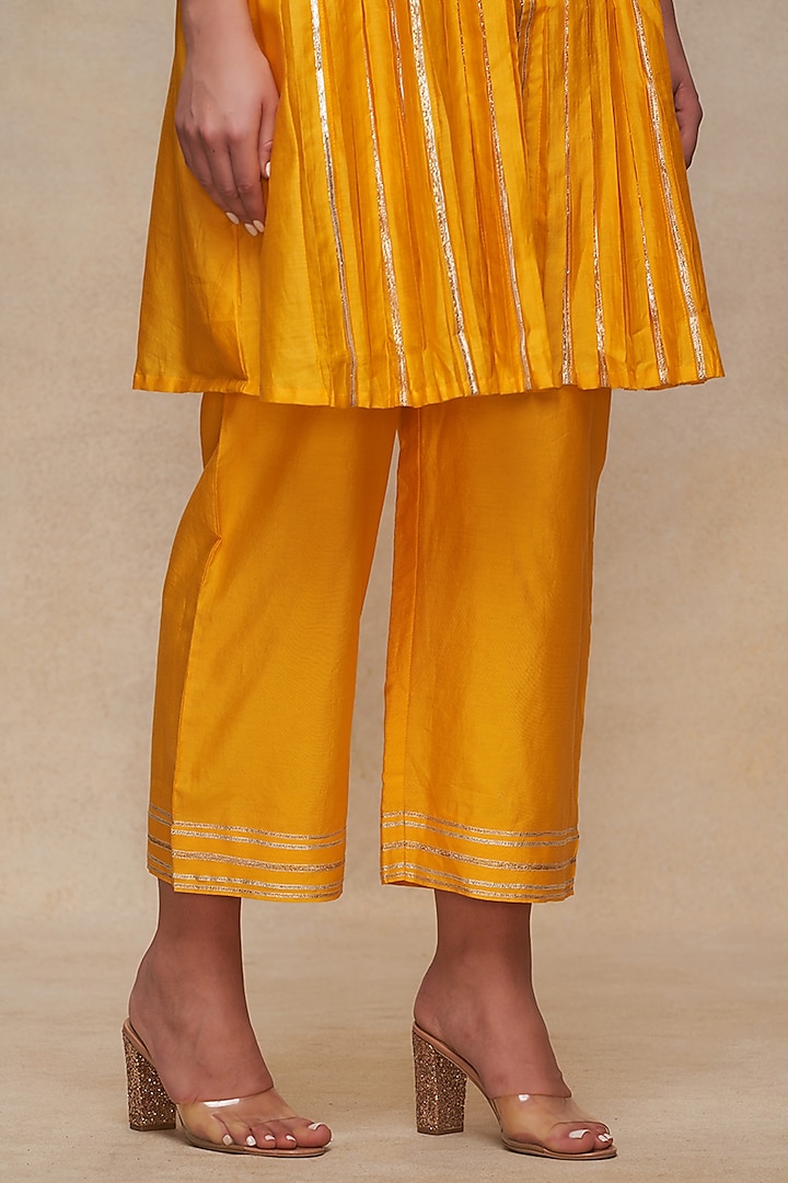 Mustard Chanderi Gota Embellished Straight Pants by Gulabo By Abu Sandeep at Pernia's Pop Up Shop