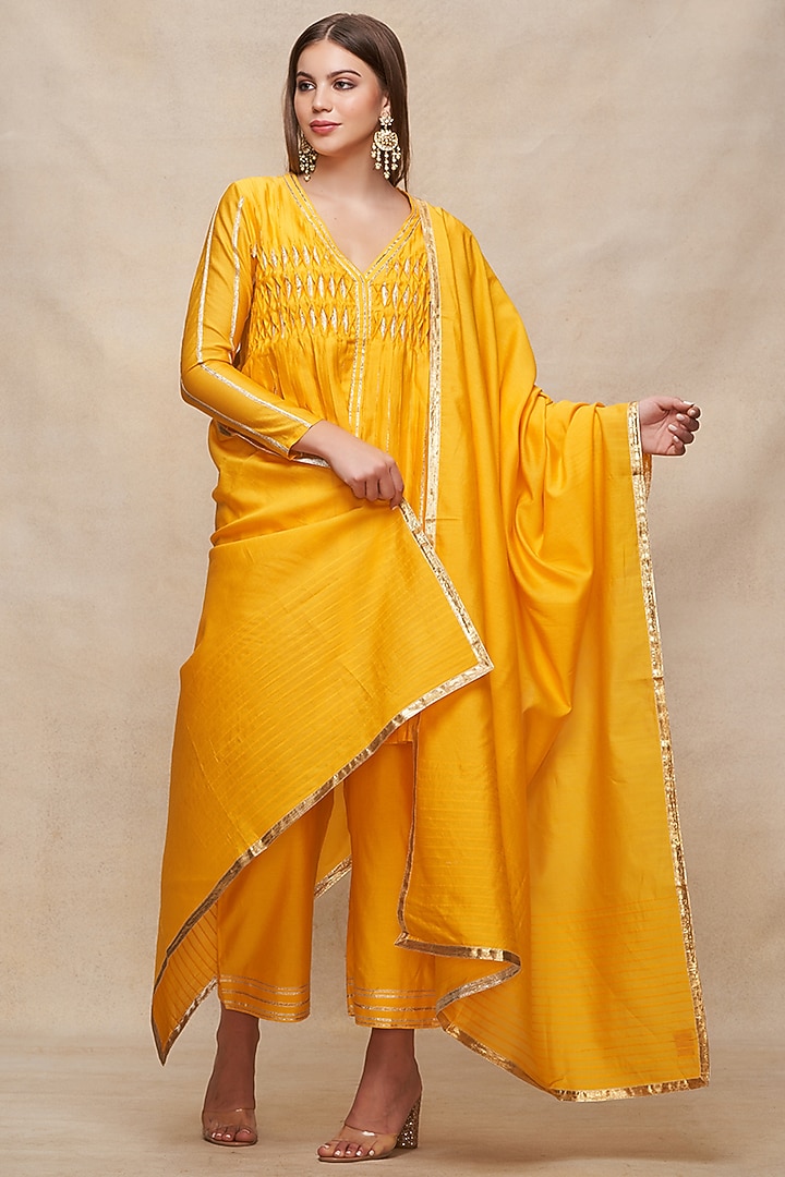 Mustard Chanderi Gota Work Dupatta by Gulabo By Abu Sandeep at Pernia's Pop Up Shop
