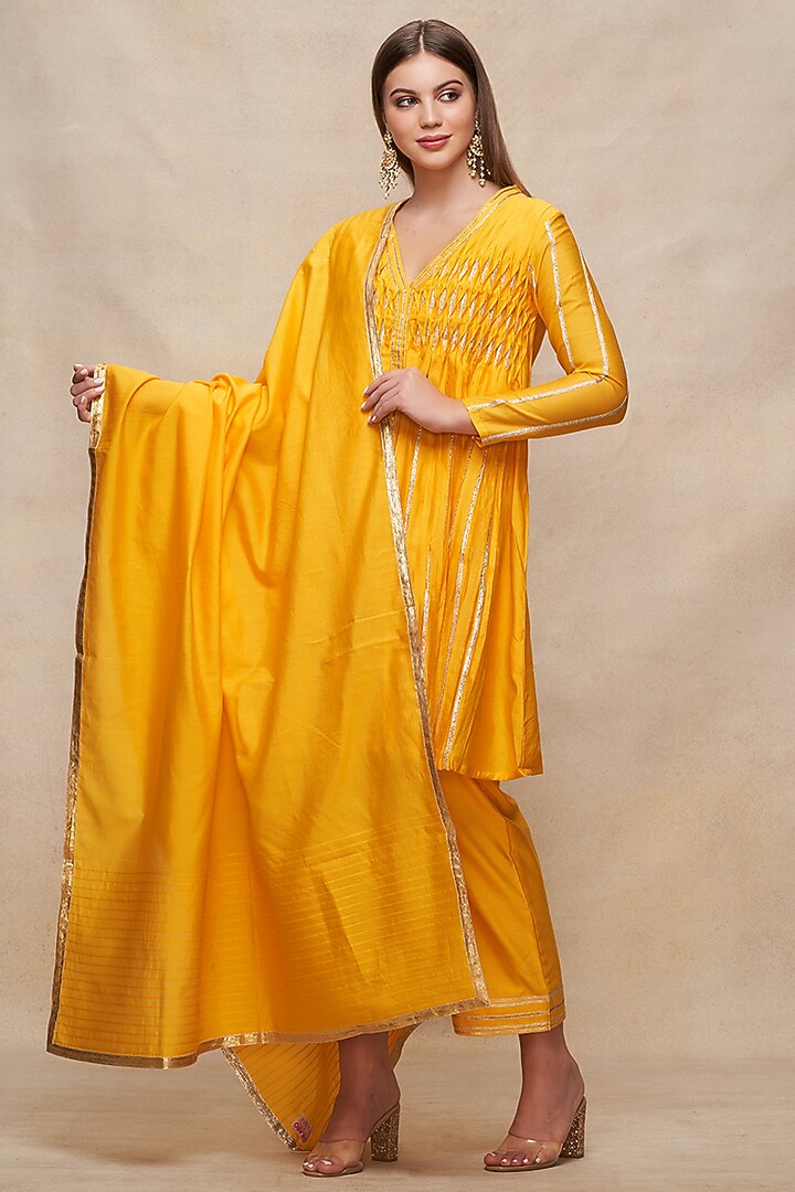 Mustard Chanderi Gota Work Dupatta by Gulabo By Abu Sandeep at Pernia's Pop Up Shop
