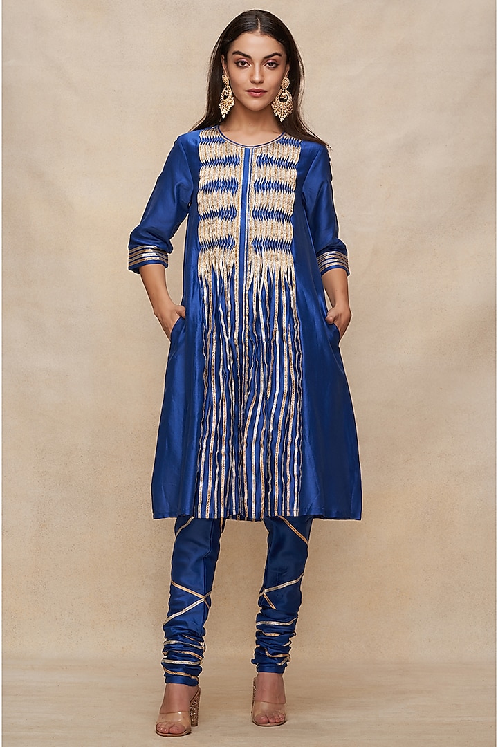Royal Blue Chanderi Gota Work Gathered Tunic by Gulabo By Abu Sandeep