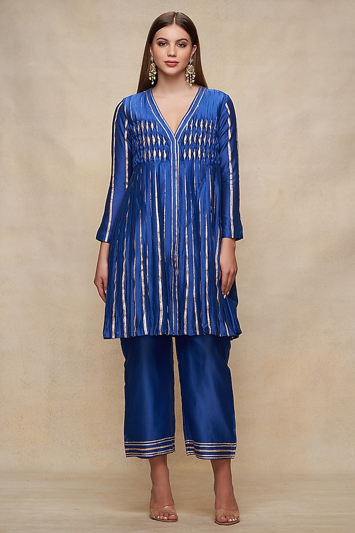 Royal Blue Chanderi Gota Work Pleated Kurta by Gulabo By Abu Sandeep at Pernia's Pop Up Shop