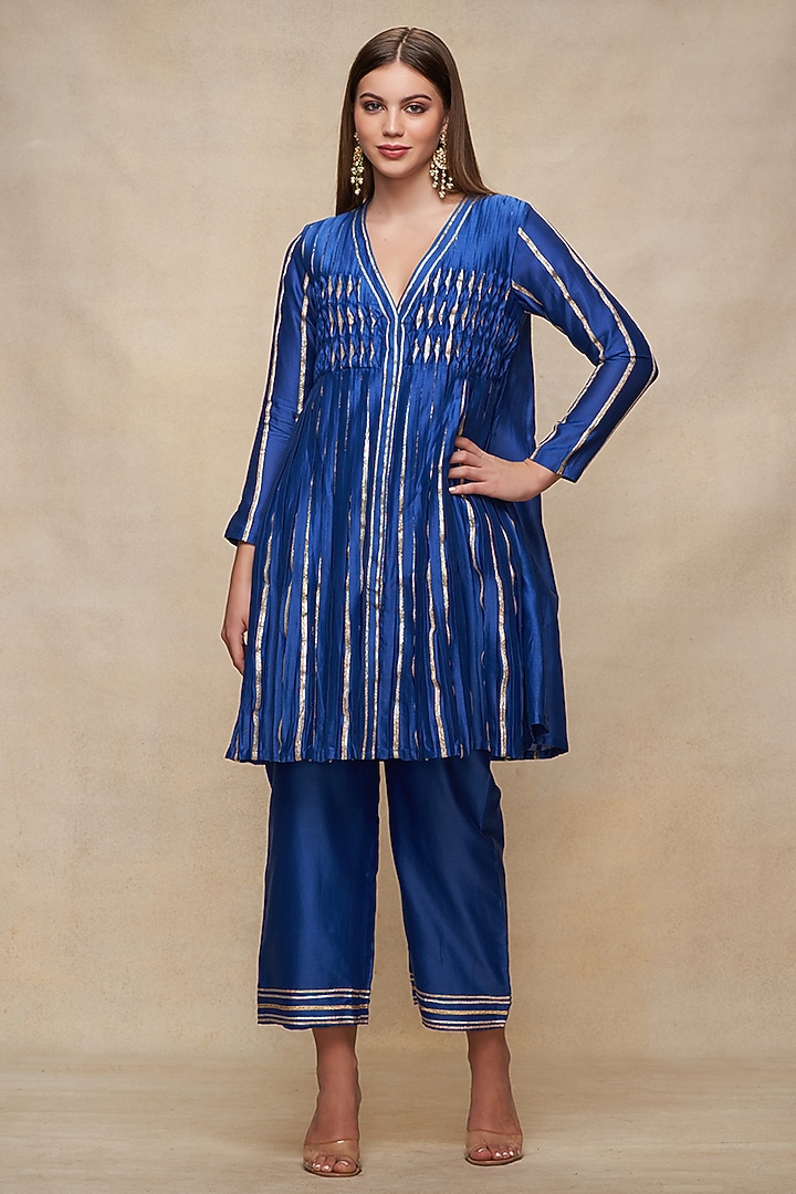 Royal Blue Chanderi Gota Work Pleated Kurta by Gulabo By Abu Sandeep at Pernia's Pop Up Shop
