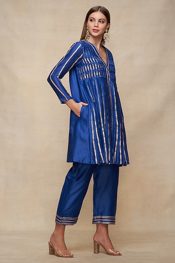 Royal Blue Chanderi Gota Work Pleated Kurta by Gulabo By Abu Sandeep at Pernia's Pop Up Shop