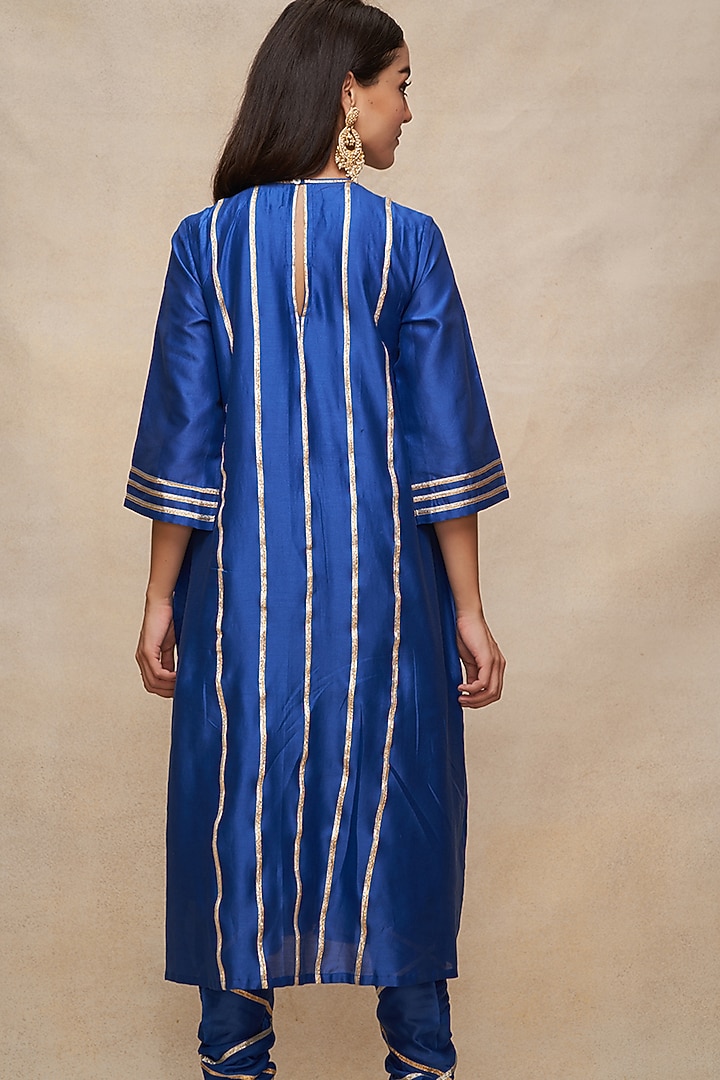 Royal Blue Chanderi Gota Work Pleated Kurta by Gulabo By Abu Sandeep at Pernia's Pop Up Shop