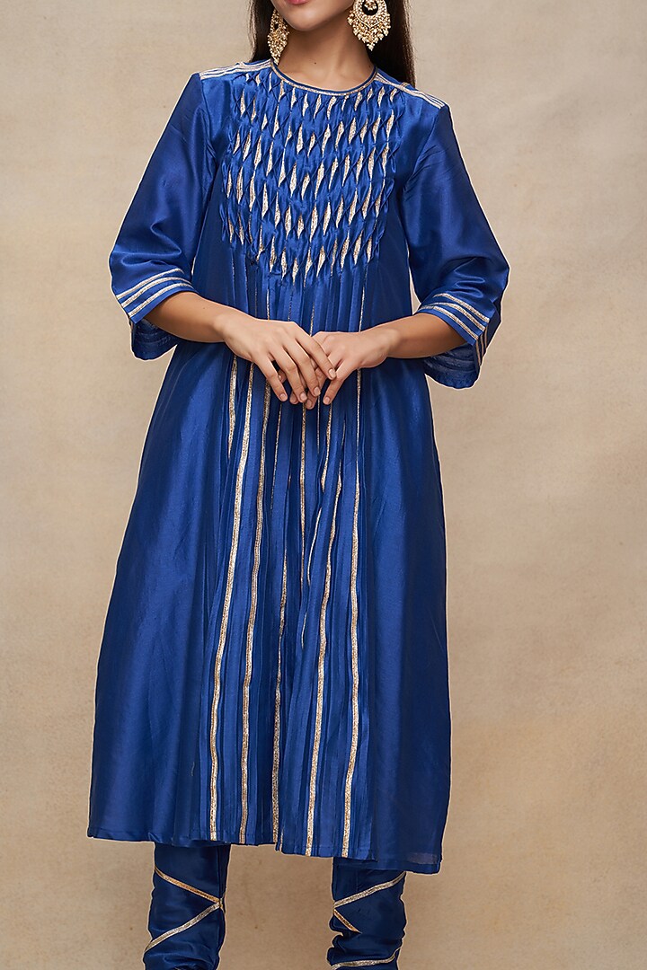Royal Blue Chanderi Gota Work Pleated Kurta by Gulabo By Abu Sandeep at Pernia's Pop Up Shop