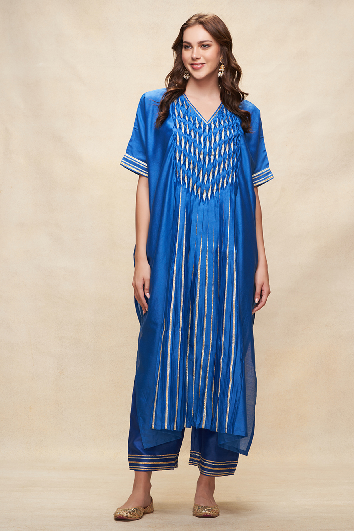 Royal Blue Chanderi Gota Work Pleated Kaftan by Gulabo By Abu Sandeep at Pernia's Pop Up Shop