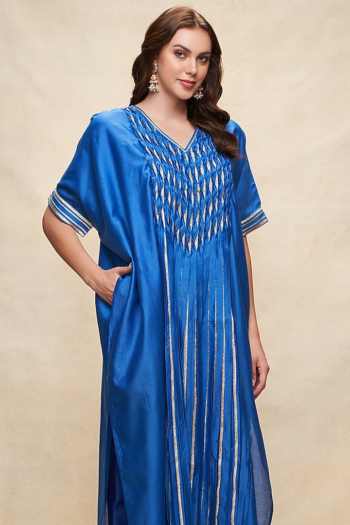 Royal Blue Chanderi Gota Work Pleated Kaftan by Gulabo By Abu Sandeep at Pernia's Pop Up Shop