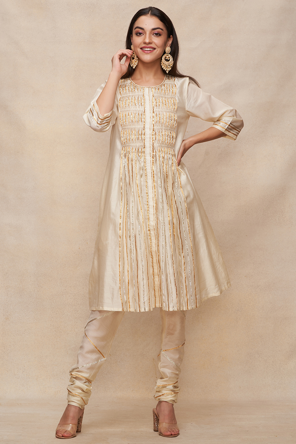 Off-White Chanderi Gota Work Gathered Tunic by Gulabo By Abu Sandeep at Pernia's Pop Up Shop