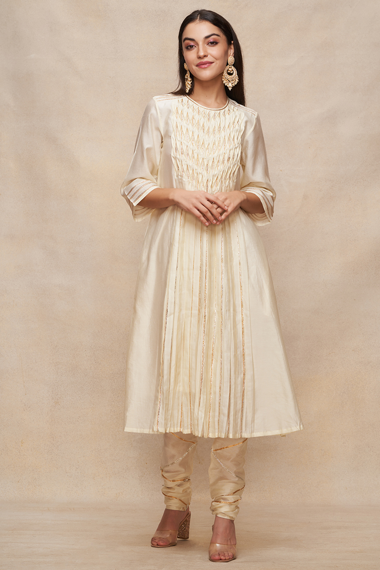 Off-White Chanderi Gota Work Pleated Kurta by Gulabo By Abu Sandeep at Pernia's Pop Up Shop
