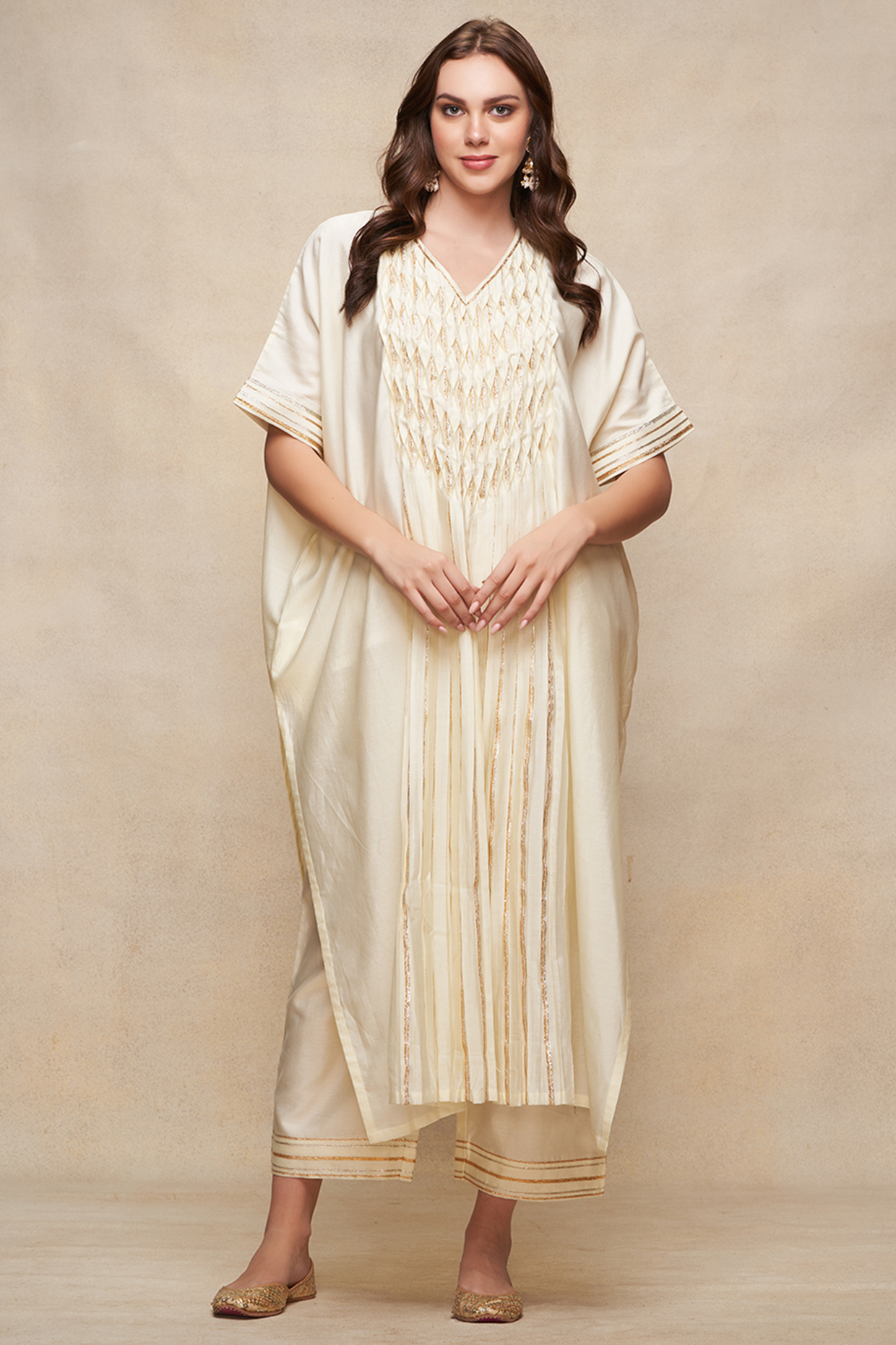 Off-White Chanderi Gota Work Pleated Kaftan by Gulabo By Abu Sandeep at Pernia's Pop Up Shop
