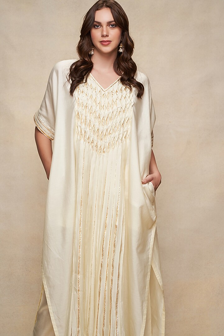Off-White Chanderi Gota Work Pleated Kaftan by Gulabo By Abu Sandeep at Pernia's Pop Up Shop
