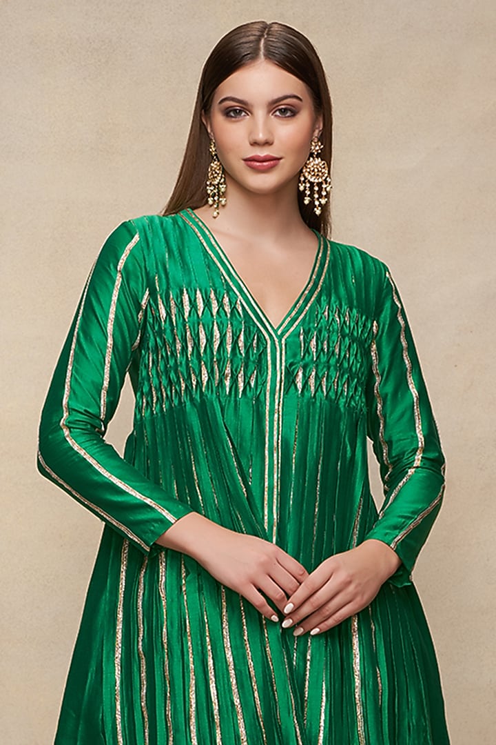 Green Chanderi Gota Work Pleated Kurta by Gulabo By Abu Sandeep at Pernia's Pop Up Shop