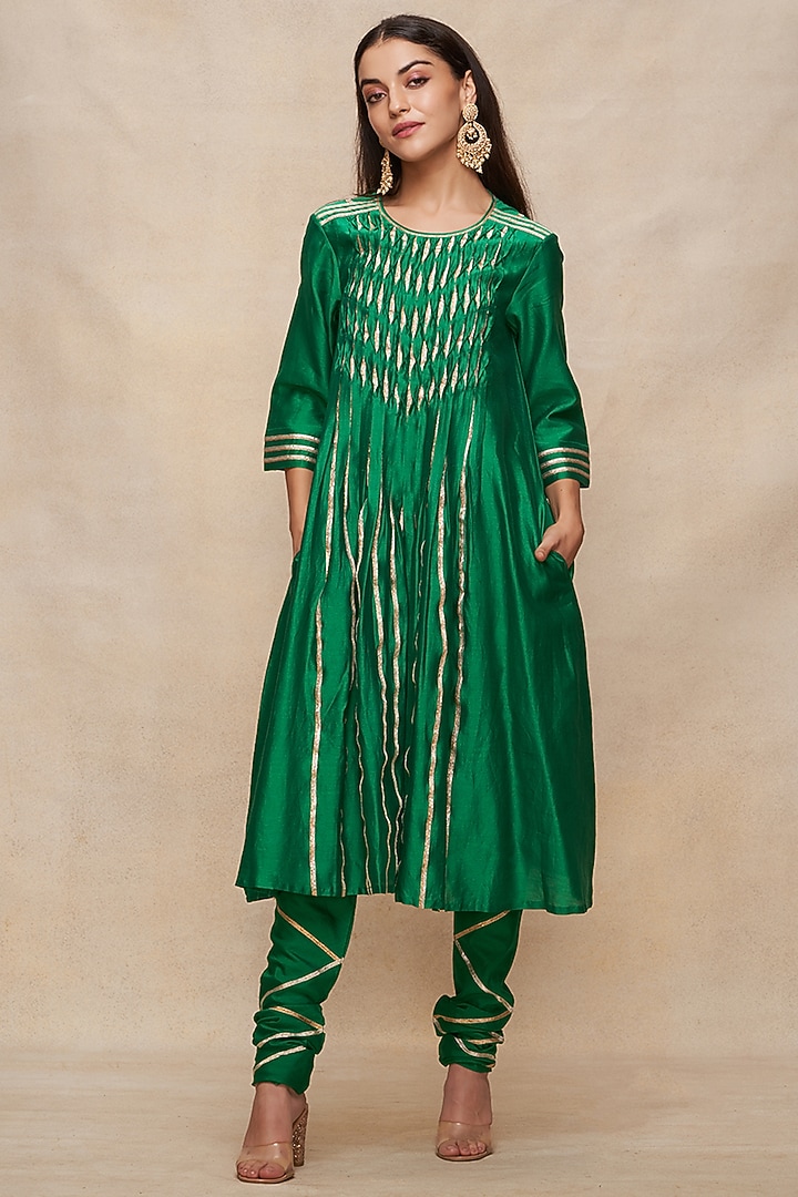 Green Chanderi Gota Work Pleated Kurta by Gulabo By Abu Sandeep at Pernia's Pop Up Shop