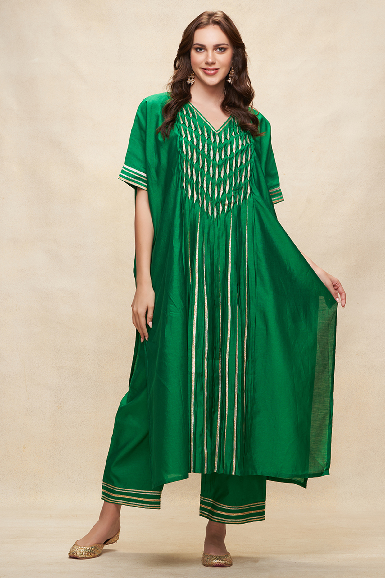 Green Chanderi Gota Work Pleated Kaftan by Gulabo By Abu Sandeep at Pernia's Pop Up Shop