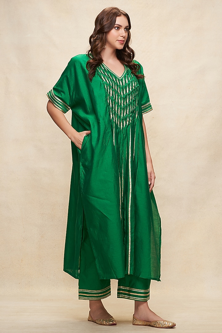 Green Chanderi Gota Work Pleated Kaftan by Gulabo By Abu Sandeep at Pernia's Pop Up Shop