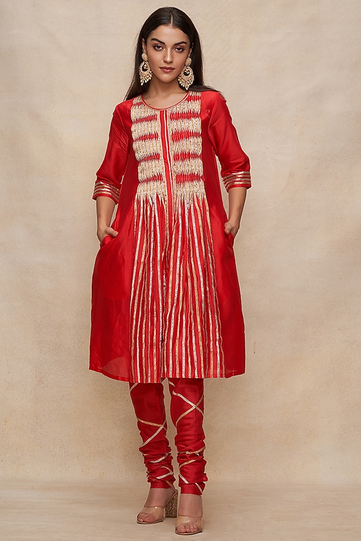 Red Chanderi Gota Work Gathered Tunic by Gulabo By Abu Sandeep