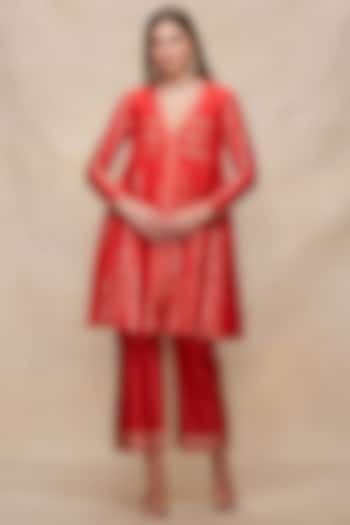 Red Chanderi Gota Work Pleated Kurta by Gulabo By Abu Sandeep at Pernia's Pop Up Shop