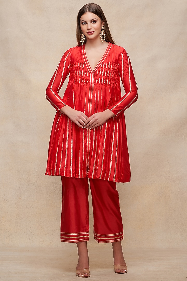 Red Chanderi Gota Work Pleated Kurta by Gulabo By Abu Sandeep at Pernia's Pop Up Shop