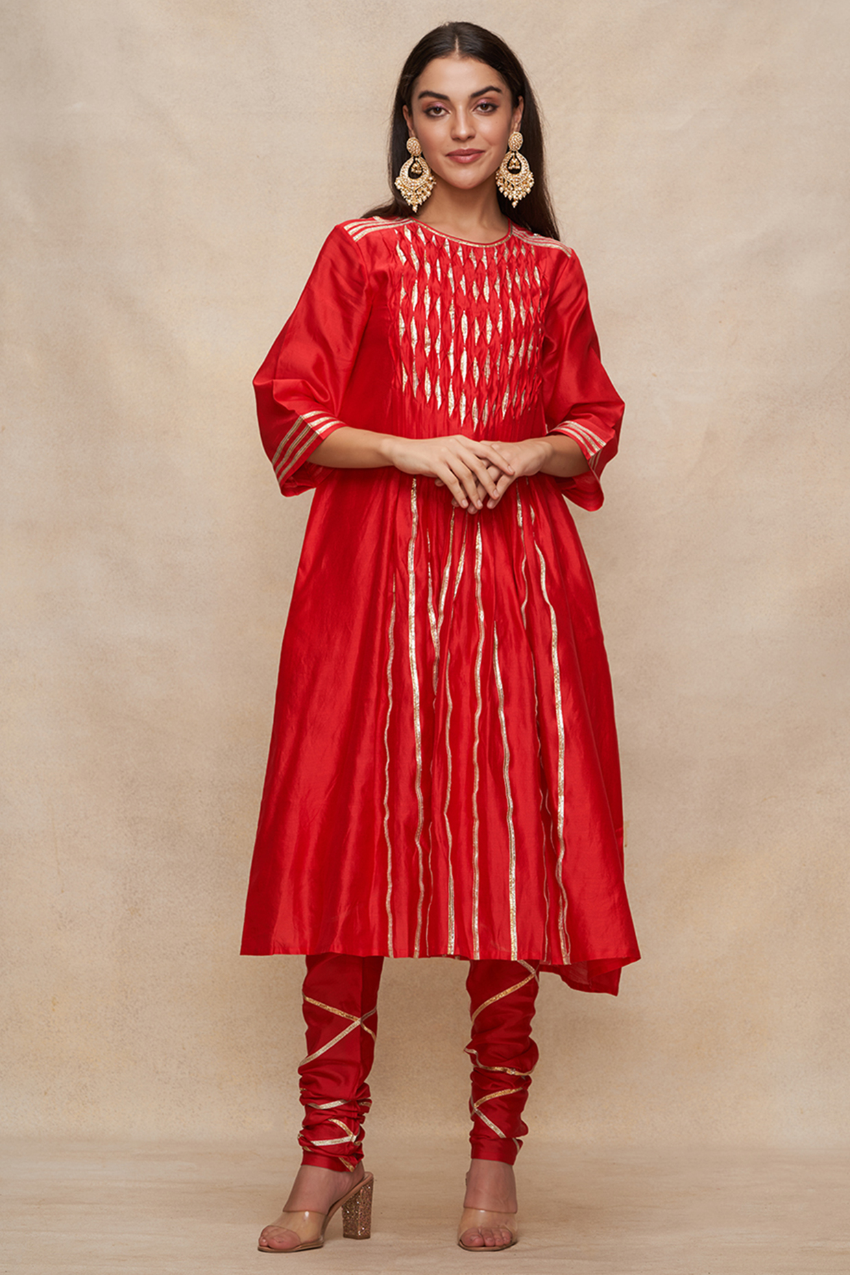 Red Chanderi Gota Work Pleated Kurta by Gulabo By Abu Sandeep at Pernia's Pop Up Shop