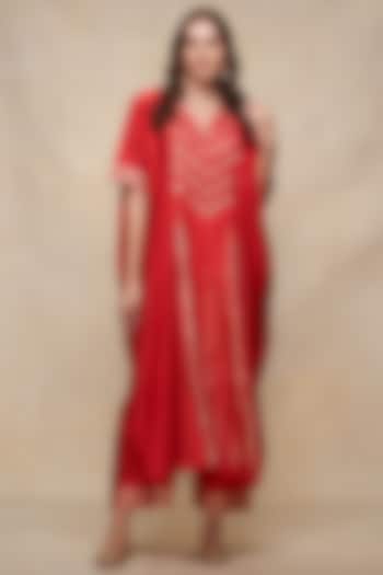 Red Chanderi Gota Work Pleated Kaftan by Gulabo By Abu Sandeep at Pernia's Pop Up Shop