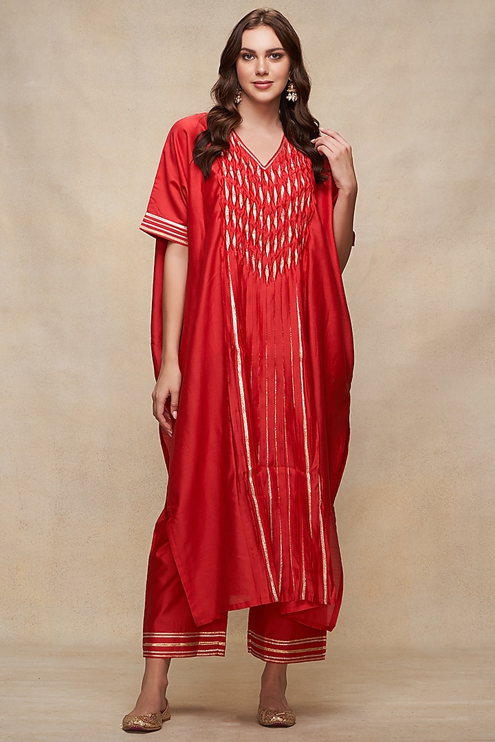 Red Chanderi Gota Work Pleated Kaftan by Gulabo By Abu Sandeep at Pernia's Pop Up Shop