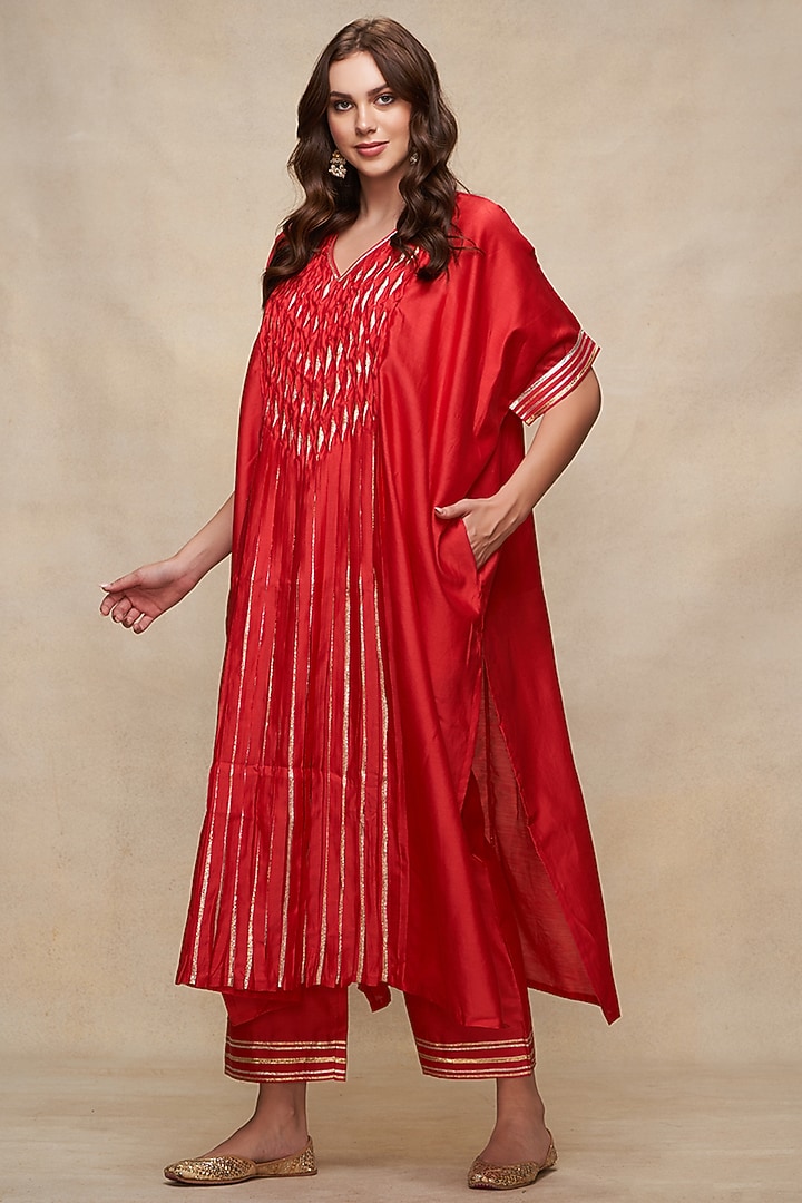 Red Chanderi Gota Work Pleated Kaftan by Gulabo By Abu Sandeep at Pernia's Pop Up Shop
