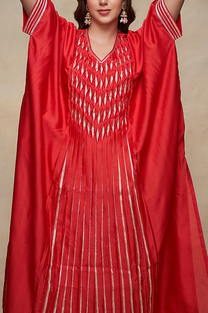 Red Chanderi Gota Work Pleated Kaftan by Gulabo By Abu Sandeep at Pernia's Pop Up Shop