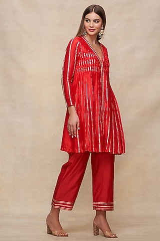Red Chanderi Gota Work Straight Pants by Gulabo By Abu Sandeep