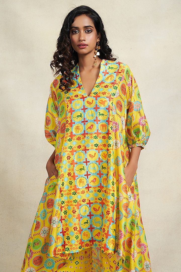 Yellow Chanderi Sequins Embroidered Tunic by Gulabo By Abu Sandeep at Pernia's Pop Up Shop