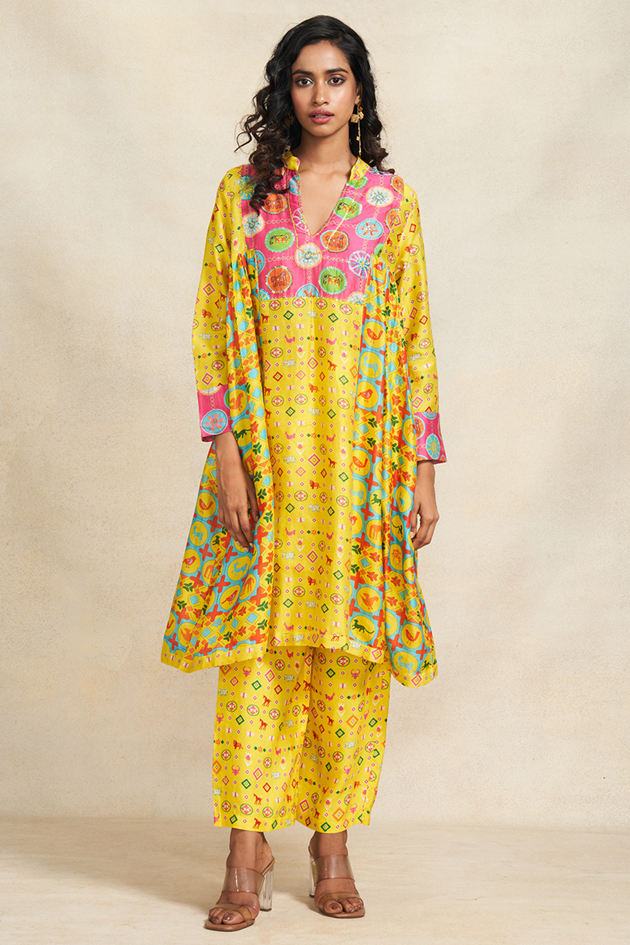 Yellow Chanderi Sequins Embroidered Gathered Kurta by Gulabo By Abu Sandeep at Pernia's Pop Up Shop