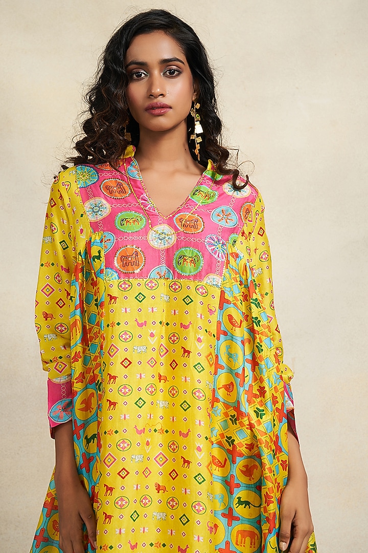 Yellow Chanderi Sequins Embroidered Gathered Kurta by Gulabo By Abu Sandeep at Pernia's Pop Up Shop