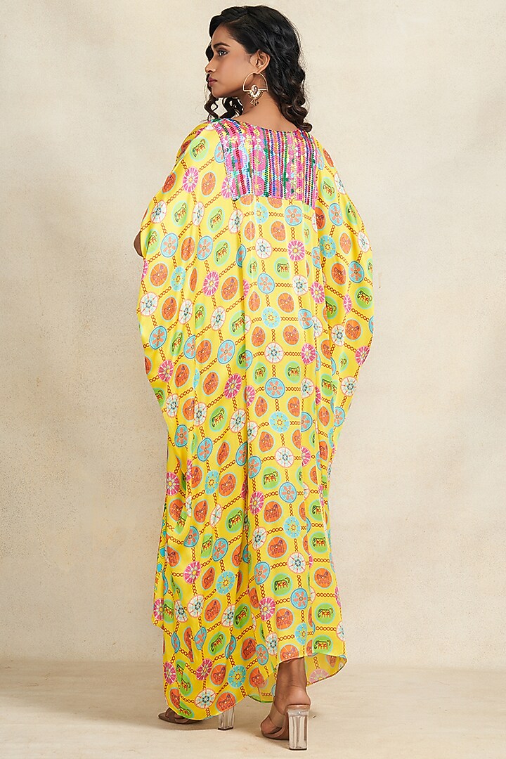 Yellow Modal Satin Sequins Embroidered Kaftan by Gulabo By Abu Sandeep at Pernia's Pop Up Shop