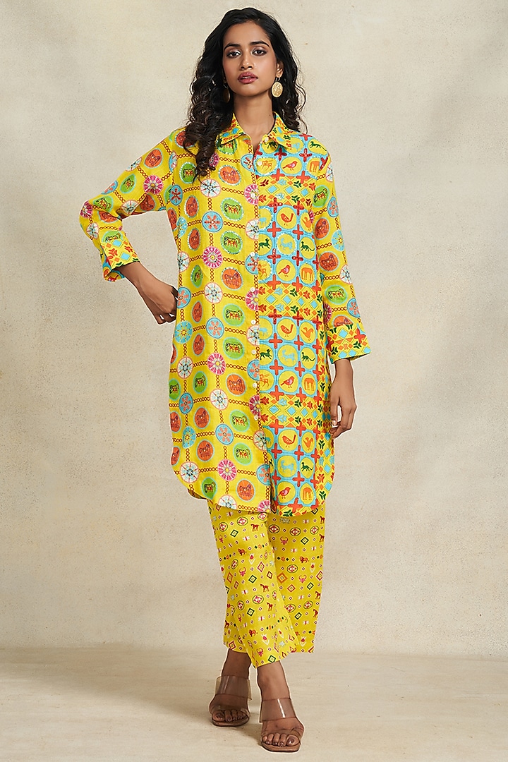 Yellow Linen Digital Printed Pants by Gulabo By Abu Sandeep
