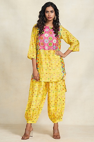 Yellow Chanderi Digital Printed Salwar Pants by Gulabo By Abu Sandeep
