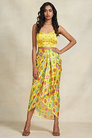 Yellow Modal Satin Digital Printed Sarong by Gulabo By Abu Sandeep